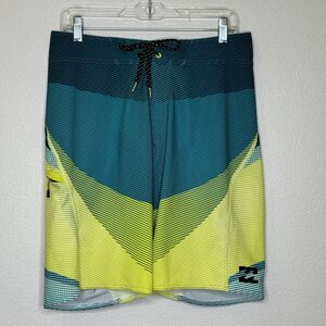 Billabong Platinum X Board Shorts Mens 30 Swim Surf Yellow Green Zip Pocket